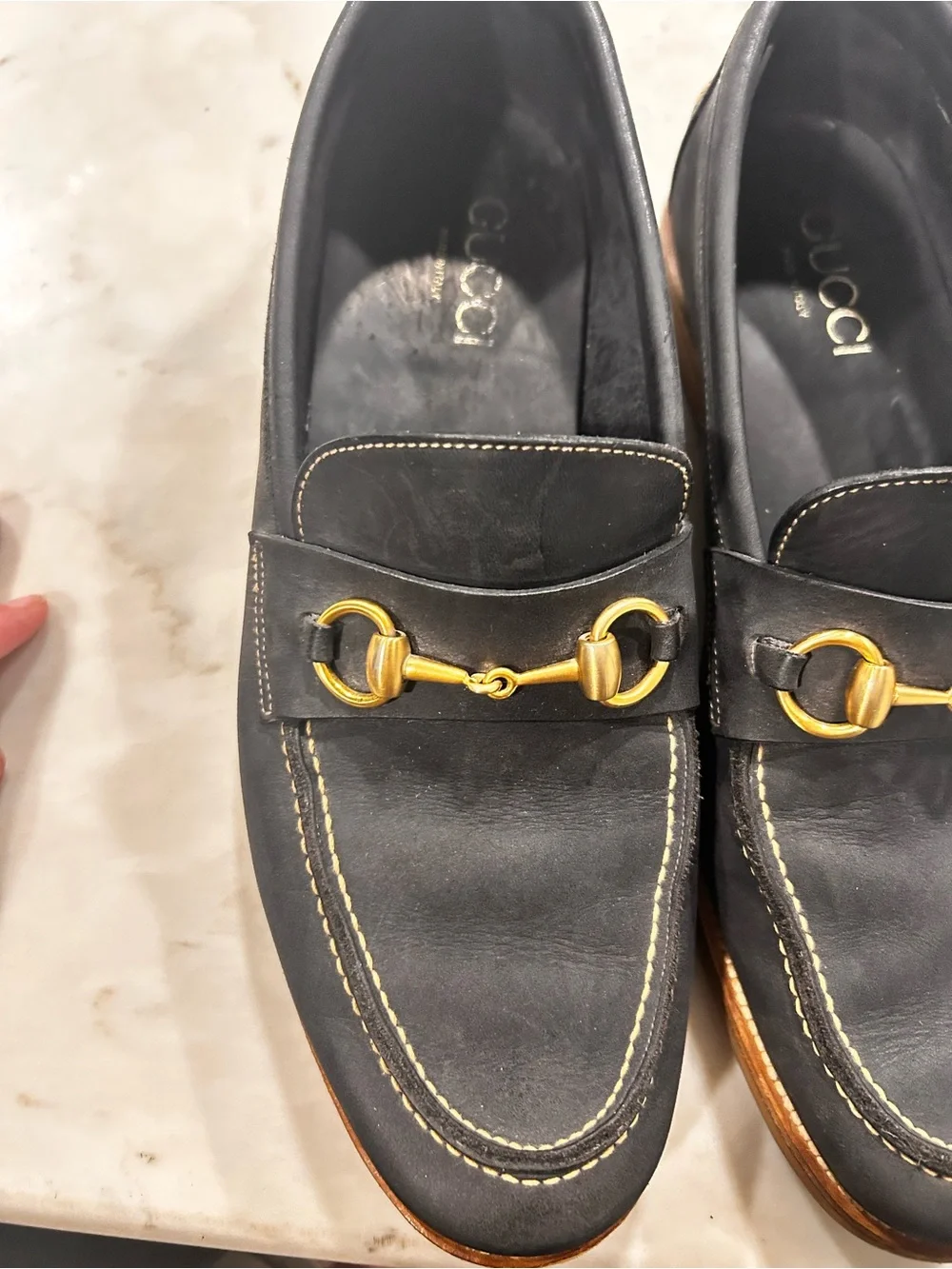 Gucci vintage Navy Leather Bit Loafers with Gold Hardware